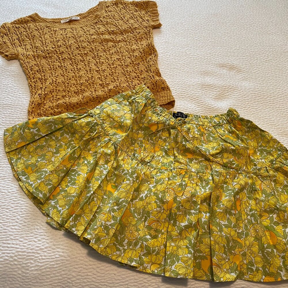 JC yellow flare mini skirt NWT and mustard crochet short sleeve sweater, prelove